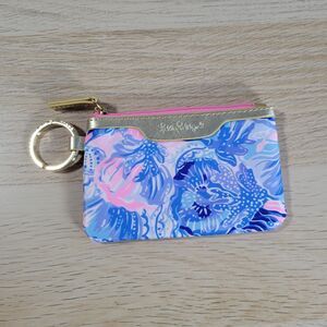 Lilly Pulitzer ID Case Wallet Pink Blue Keychain Card Holder Zip Coin Pouch